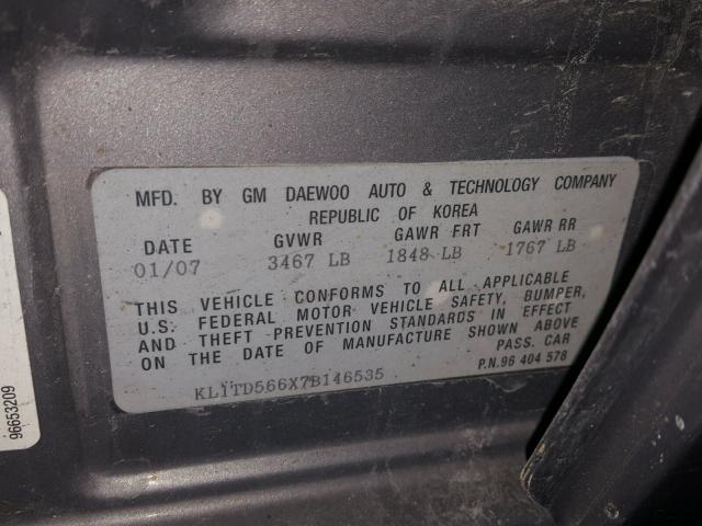 KL1TD566X7B146535 - 2007 CHEVROLET AVEO BASE GRAY photo 10