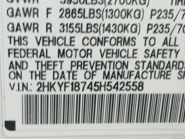 2HKYF18745H542558 - 2005 HONDA PILOT EXL WHITE photo 10