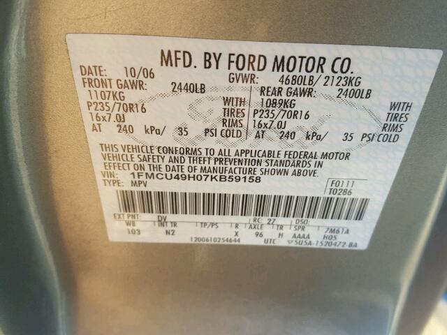 1FMCU49H07KB59158 - 2007 FORD ESCAPE HEV GREEN photo 10