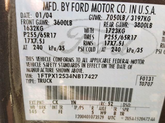 1FTPX12534NB17427 - 2004 FORD F150 GRAY photo 10