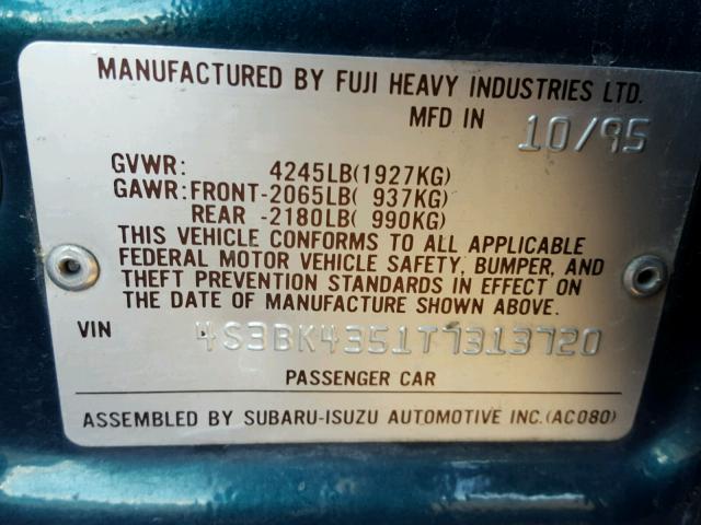 4S3BK4351T7313720 - 1996 SUBARU LEGACY L GREEN photo 10