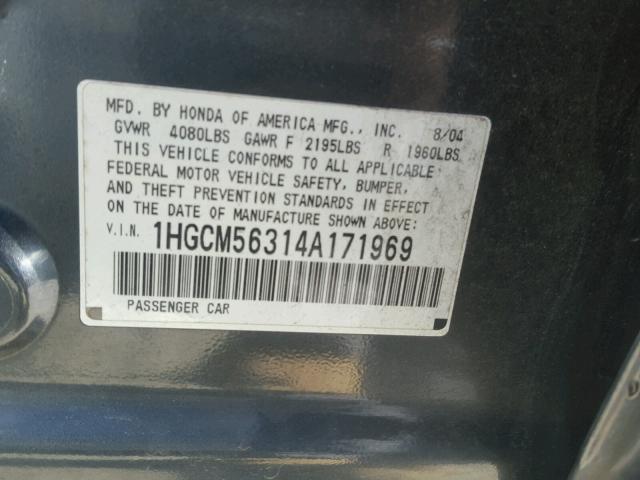 1HGCM56314A171969 - 2004 HONDA ACCORD LX BLACK photo 10