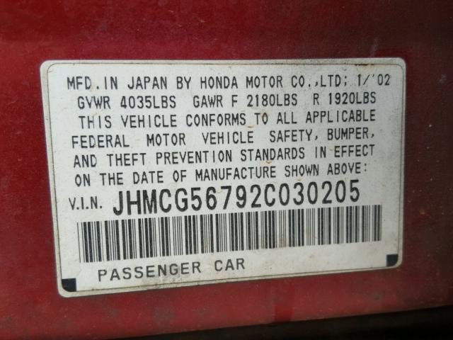 JHMCG56792C030205 - 2002 HONDA ACCORD SE RED photo 10