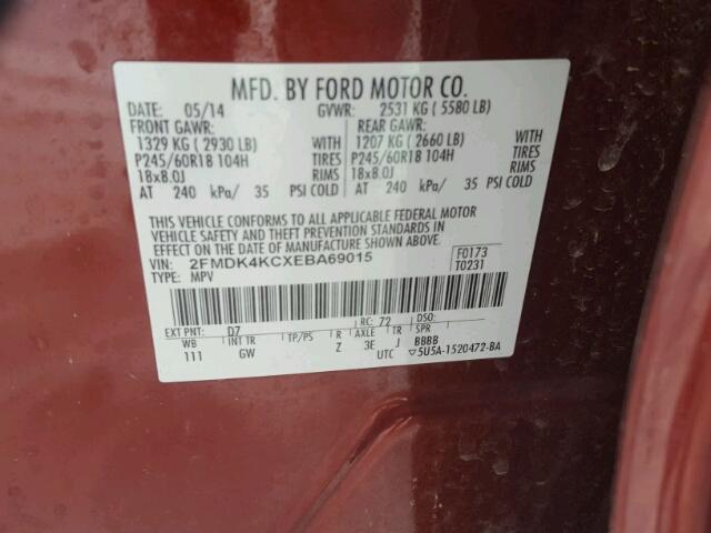 2FMDK4KCXEBA69015 - 2014 FORD EDGE LIMIT BURGUNDY photo 10