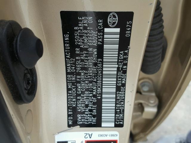 4T1BK3DB0CU455679 - 2012 TOYOTA AVALON BAS GOLD photo 10