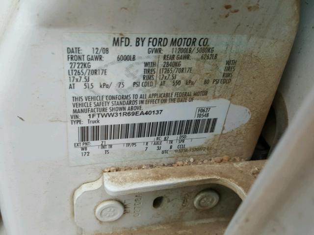 1FTWW31R69EA40137 - 2009 FORD F350 SUPER WHITE photo 10