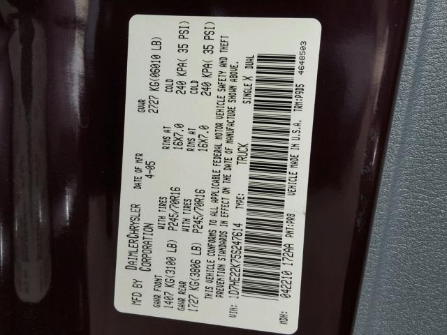 1D7HE22K75S247614 - 2005 DODGE DAKOTA ST MAROON photo 10