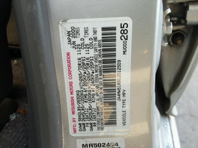 JA4MW51R81J012509 - 2001 MITSUBISHI MONTERO LI SILVER photo 10