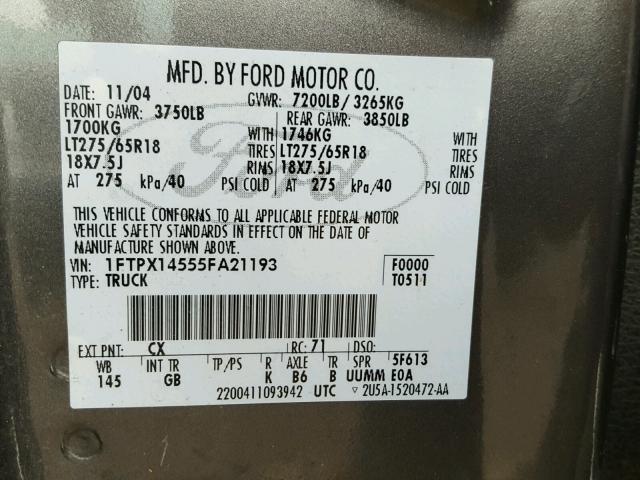 1FTPX14555FA21193 - 2005 FORD F150 GRAY photo 10