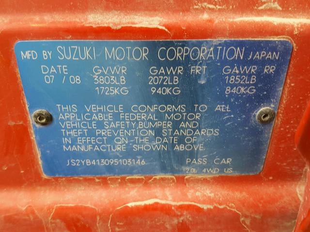 JS2YB413095103146 - 2009 SUZUKI SX4 TECHNO RED photo 10