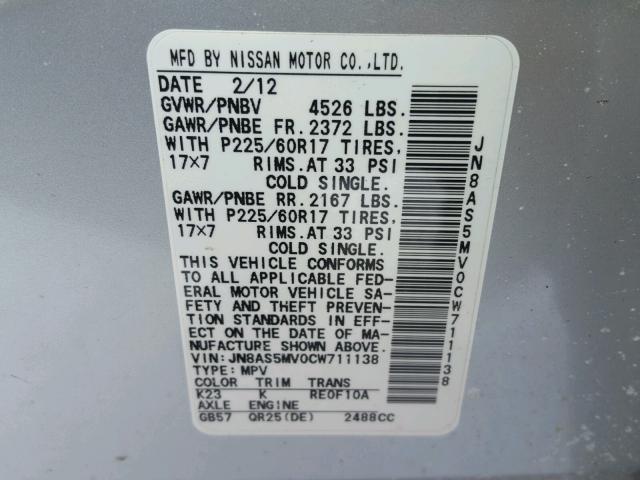 JN8AS5MV0CW711138 - 2012 NISSAN ROGUE S GRAY photo 10