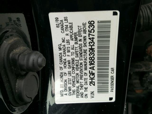 2HGFA16839H347536 - 2009 HONDA CIVIC EX 黑色 照片 10