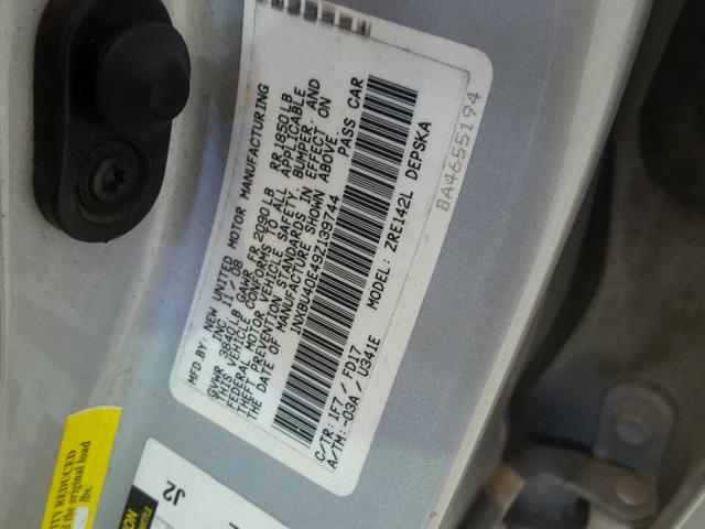 1NXBU40E49Z139744 - 2009 TOYOTA COROLLA BA SILVER photo 10