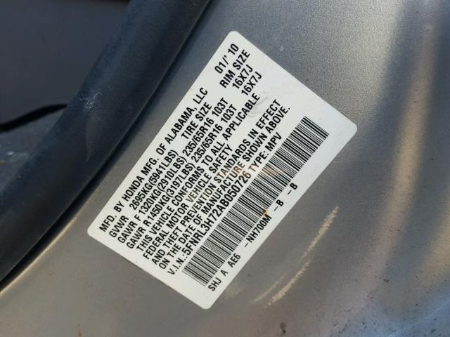 5FNRL3H72AB050726 - 2010 HONDA ODYSSEY EX SILVER photo 10