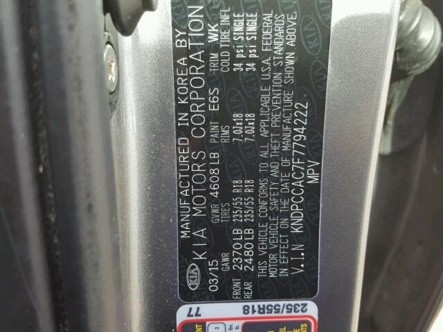 KNDPCCAC7F7794222 - 2015 KIA SPORTAGE E GRAY photo 10