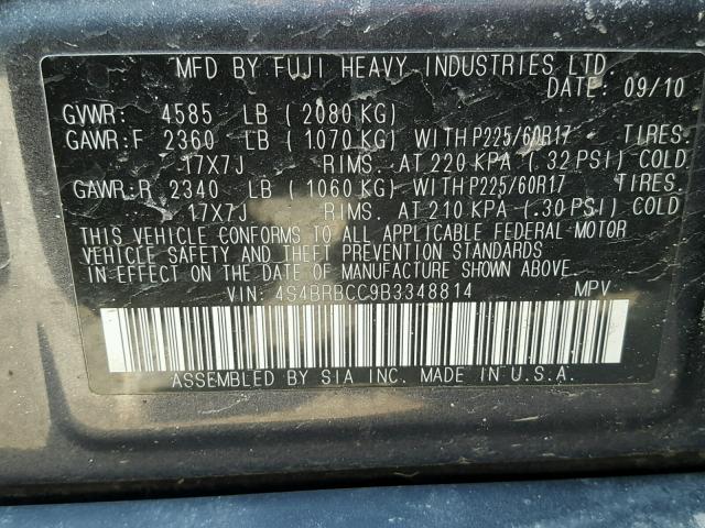 4S4BRBCC9B3348814 - 2011 SUBARU OUTBACK 2. BLACK photo 10