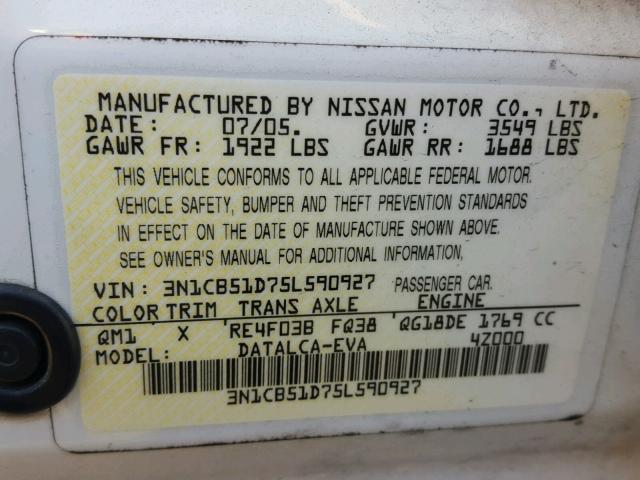 3N1CB51D75L590927 - 2005 NISSAN SENTRA 1.8 WHITE photo 10