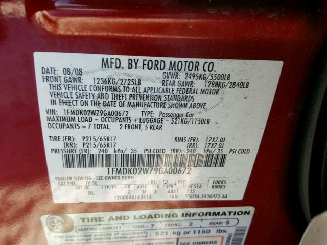 1FMDK02W79GA00672 - 2009 FORD TAURUS X S RED photo 10