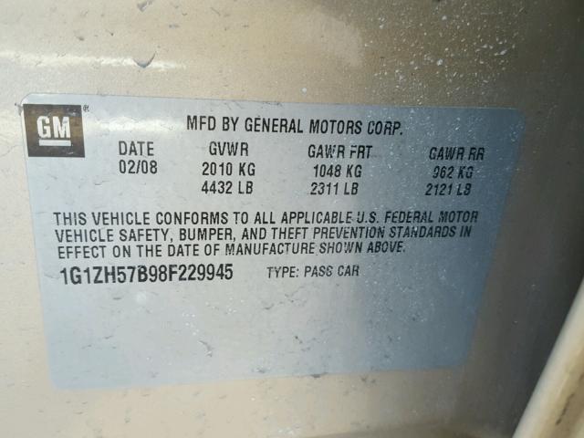 1G1ZH57B98F229945 - 2008 CHEVROLET MALIBU 1LT ოქროსფერი ფოტო 10