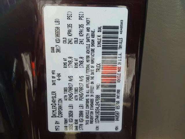 1D7HA18D54J247680 - 2004 DODGE RAM 1500 S BURGUNDY photo 10