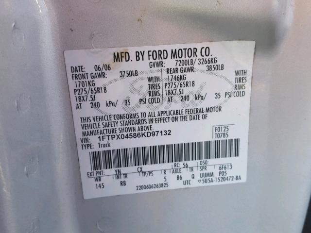 1FTPX04586KD97132 - 2006 FORD F150 SILVER photo 10