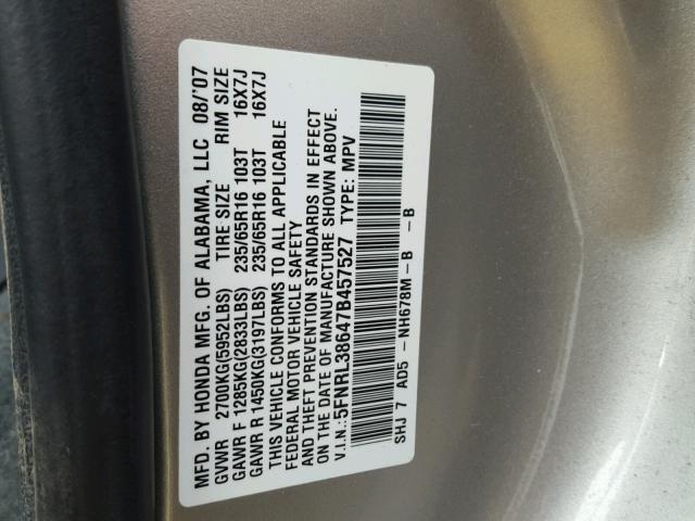 5FNRL38647B457527 - 2007 HONDA ODYSSEY EX SILVER photo 10