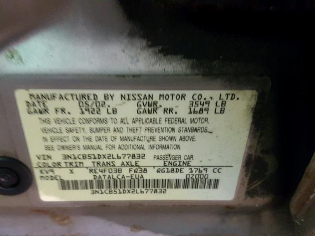 3N1CB51DX2L677832 - 2002 NISSAN SENTRA XE GRAY photo 10