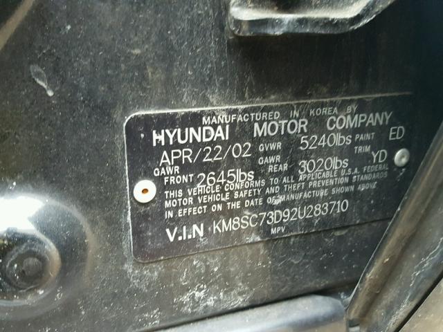 KM8SC73D92U283710 - 2002 HYUNDAI SANTA FE G BLACK photo 10