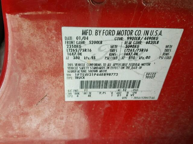 1FTSW31P44EB98773 - 2004 FORD F350 SRW S RED photo 10