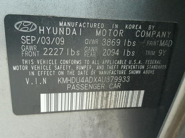 KMHDU4ADXAU879933 - 2010 HYUNDAI ELANTRA BL GREEN photo 10