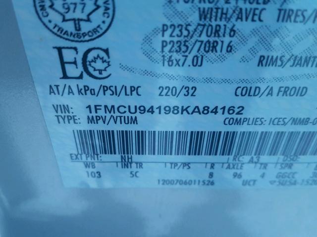 1FMCU94198KA84162 - 2008 FORD ESCAPE LIM SILVER photo 10