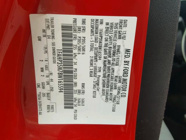 1FAHP35N78W165594 - 2008 FORD FOCUS SE RED photo 10