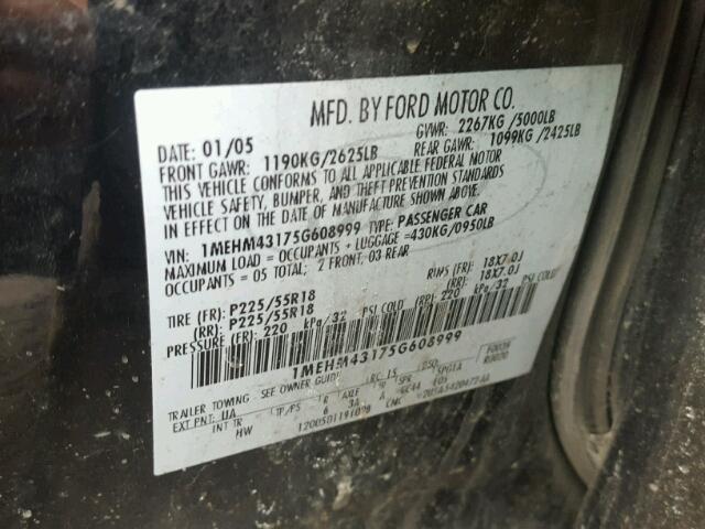 1MEHM43175G608999 - 2005 MERCURY MONTEGO PR 黑色 照片 10