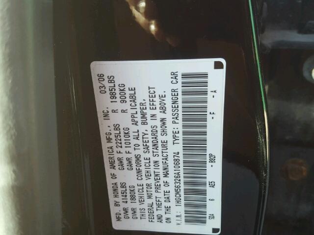 1HGCM56326A106874 - 2006 HONDA ACCORD SE BLACK photo 10