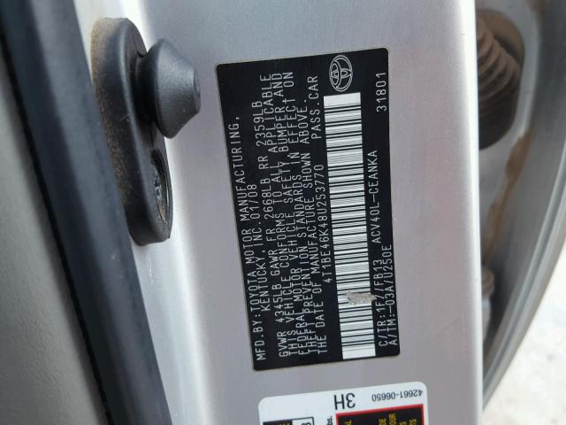 4T1BE46K48U253770 - 2008 TOYOTA CAMRY CE SILVER photo 10