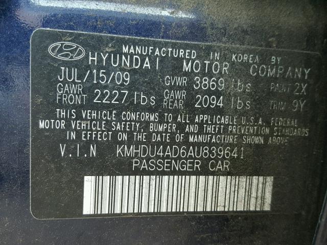 KMHDU4AD6AU839641 - 2010 HYUNDAI ELANTRA BL BLUE photo 10