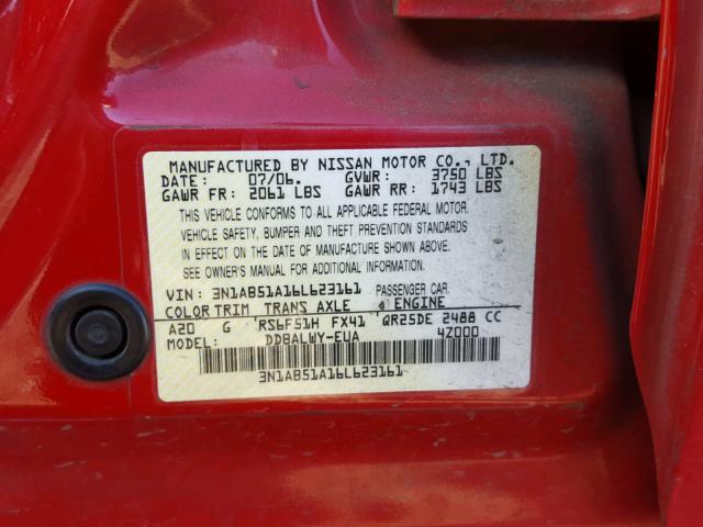 3N1AB51A16L623161 - 2006 NISSAN SENTRA SE- RED photo 10