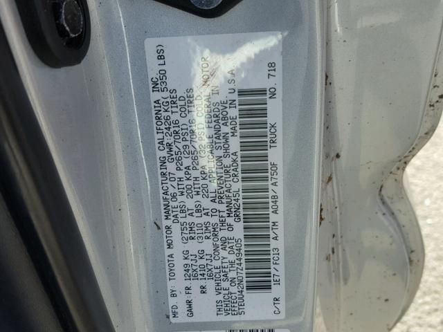 5TEUU42N07Z449405 - 2007 TOYOTA TACOMA ACC SILVER photo 10