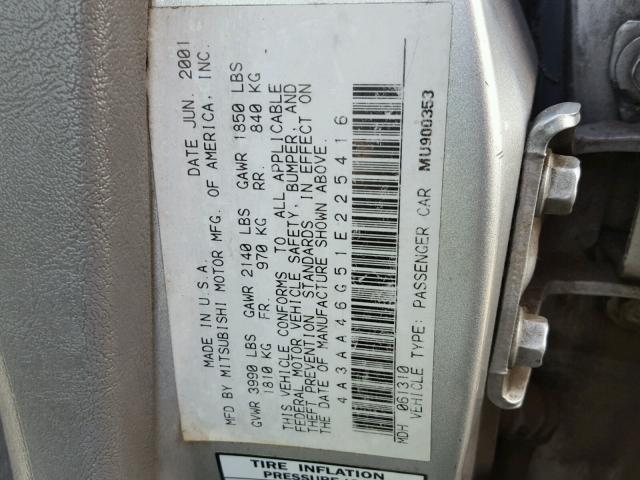 4A3AA46G51E225416 - 2001 MITSUBISHI GALANT ES SILVER photo 10