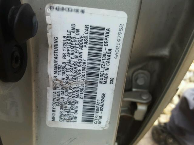 2T1BR32E43C108897 - 2003 TOYOTA COROLLA CE GRAY photo 10