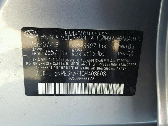 5NPE34AF1GH408608 - 2016 HYUNDAI SONATA SPO GRAY photo 10