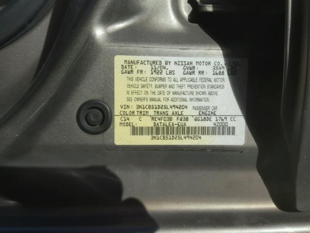 3N1CB51D25L494204 - 2005 NISSAN SENTRA 1.8 GRAY photo 10