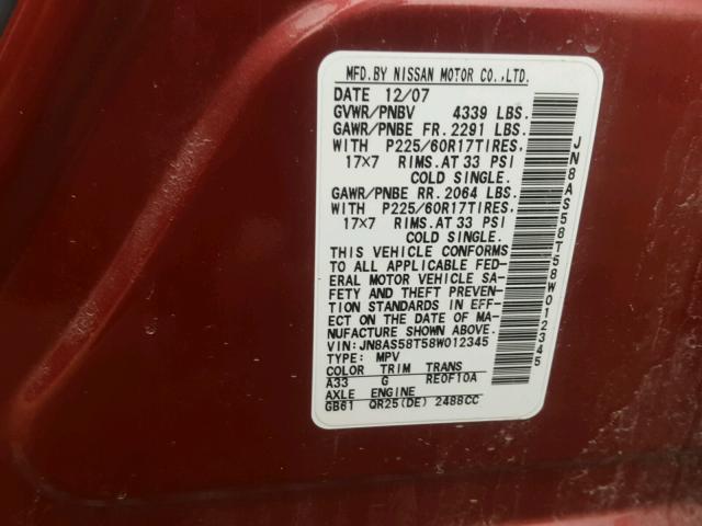 JN8AS58T58W012345 - 2008 NISSAN ROGUE S RED photo 10