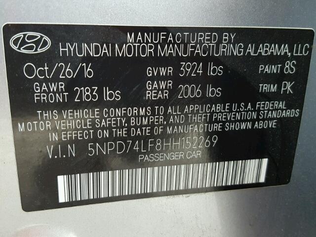 5NPD74LF8HH152269 - 2017 HYUNDAI ELANTRA SE GRAY photo 10