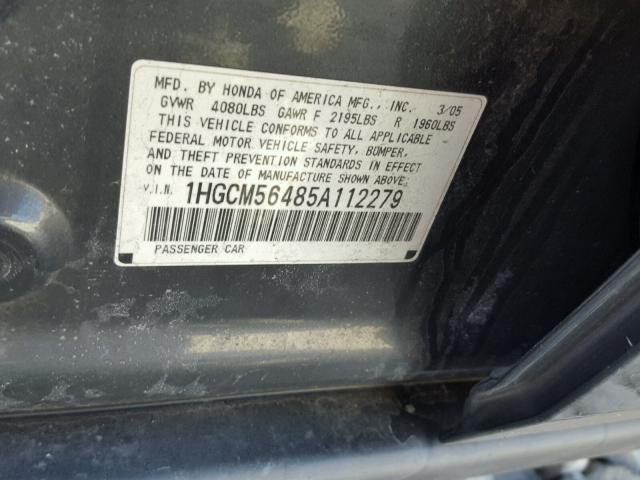 1HGCM56485A112279 - 2005 HONDA ACCORD LX GRAY photo 10