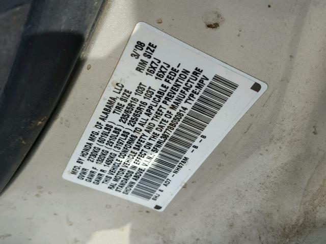 5FNRL38778B050814 - 2008 HONDA ODYSSEY EX SILVER photo 10