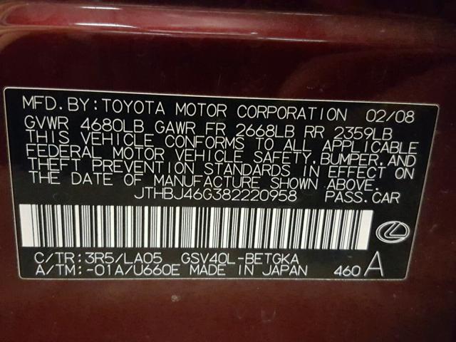 JTHBJ46G382220958 - 2008 LEXUS ES 350 RED photo 10