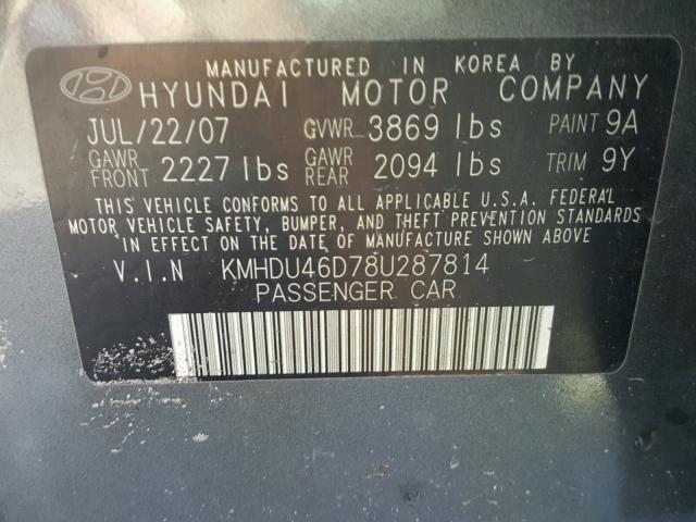 KMHDU46D78U287814 - 2008 HYUNDAI ELANTRA GL GRAY photo 10