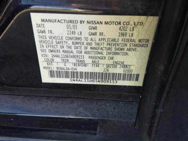 1N4AL11D65N909153 - 2005 NISSAN ALTIMA S BLACK photo 10