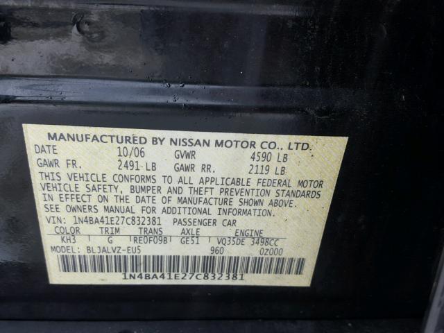 1N4BA41E27C832381 - 2007 NISSAN MAXIMA SE BLACK photo 10